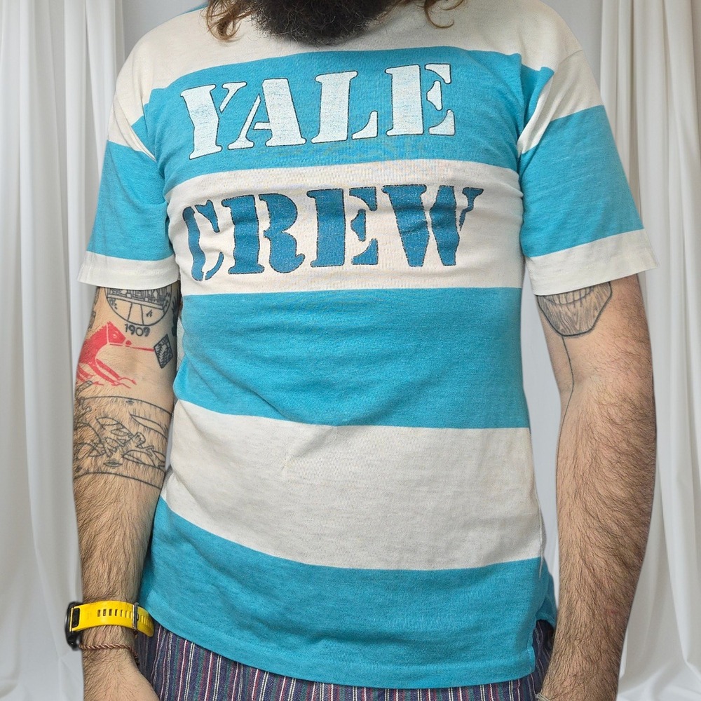 VTG Yale Crew Striped Single Stitch T-Shirt 90s New Connections Men M White Blue